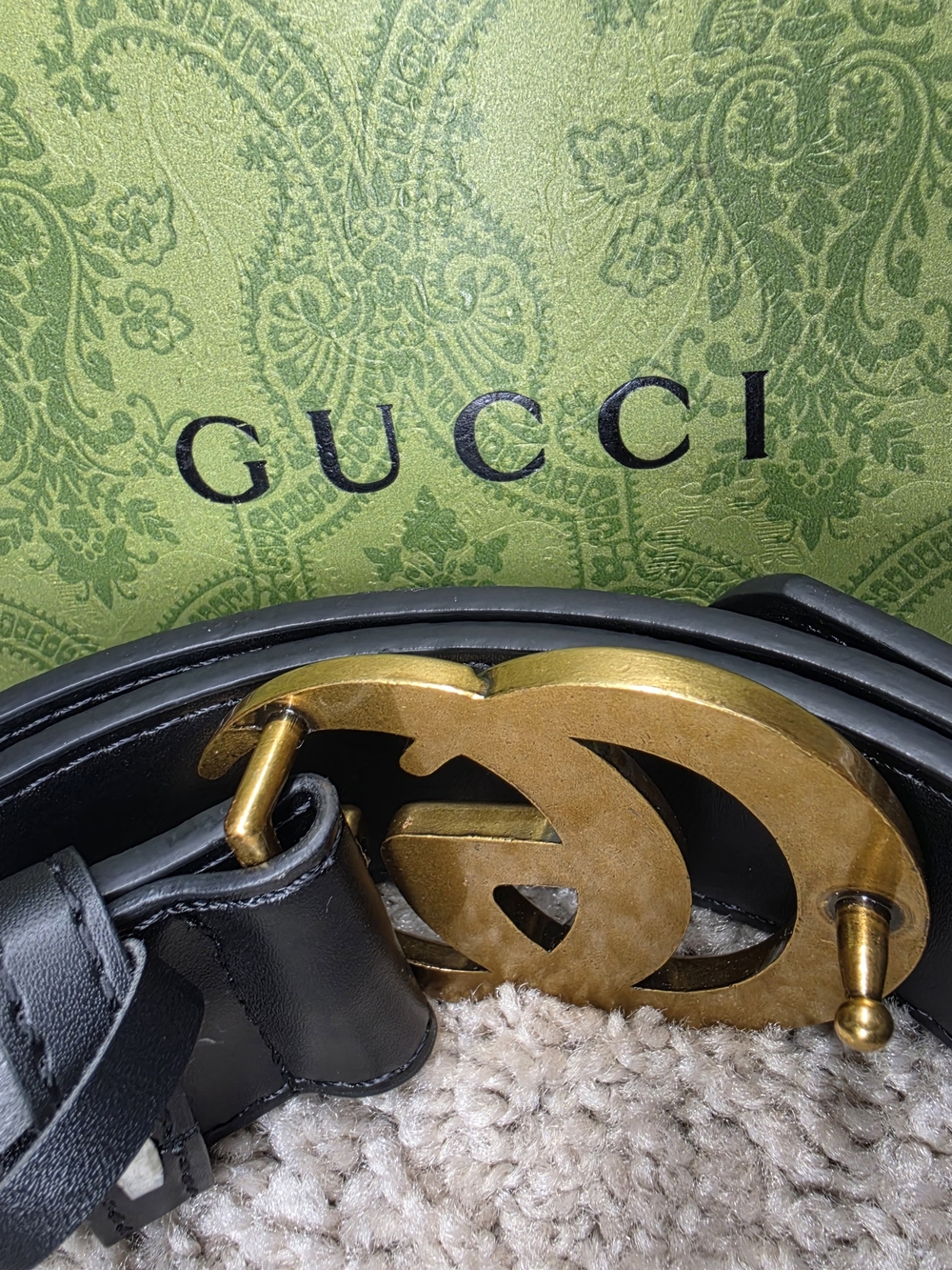 Gucci Black Leather Belt with Gold Double G Buckle